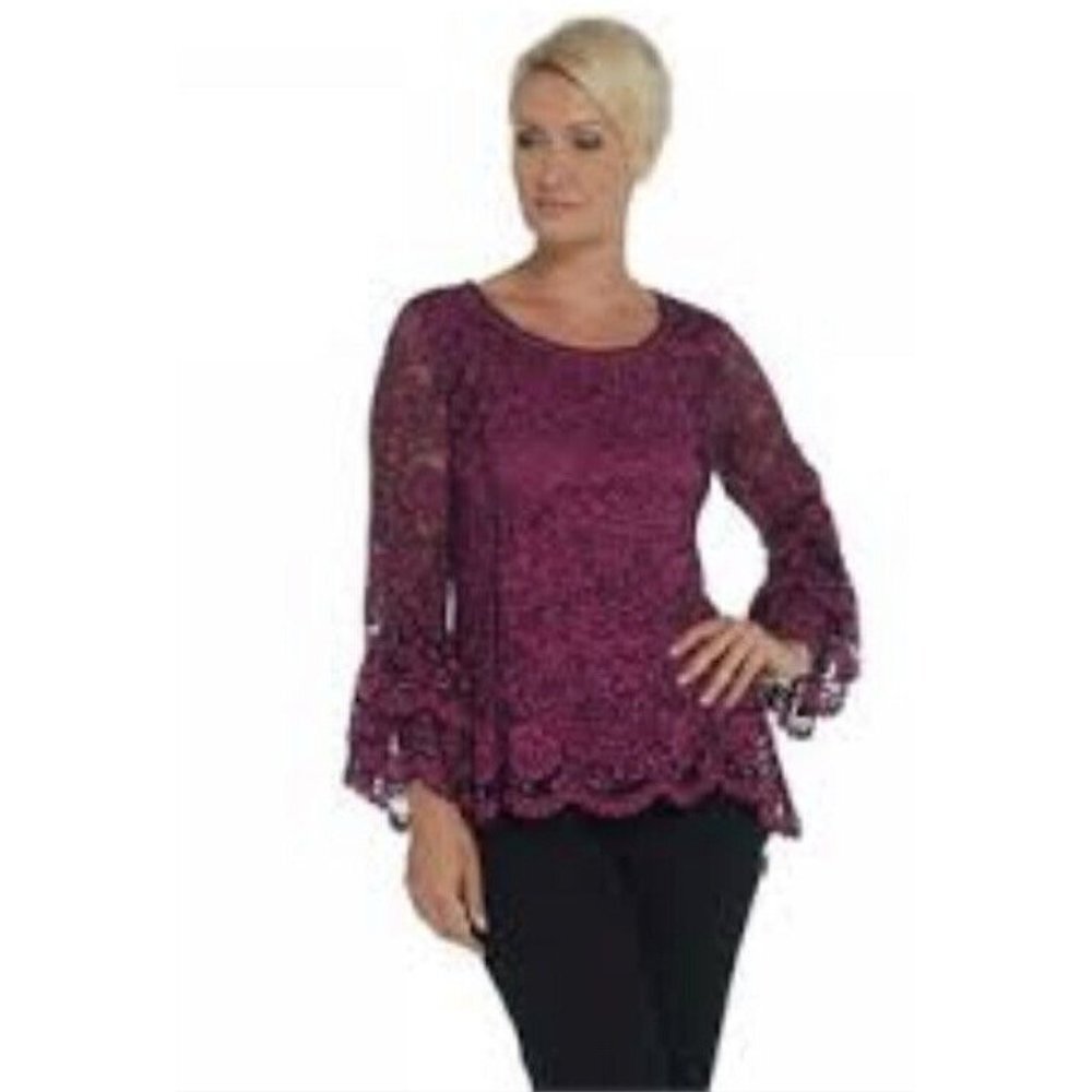Isaac Mizrahi Live Womens Purple Lined Lace Long Bell Sleeves Tunic Top‎ Size S